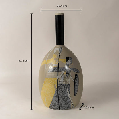Beige and black ceramic decorative vase with warrior art design showing 42.2 cm height and 20.4 cm width on white background.