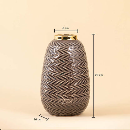 Grey ceramic vase with gold rim featuring 25 cm height 14 cm base width and 6 cm top opening displayed on beige background.