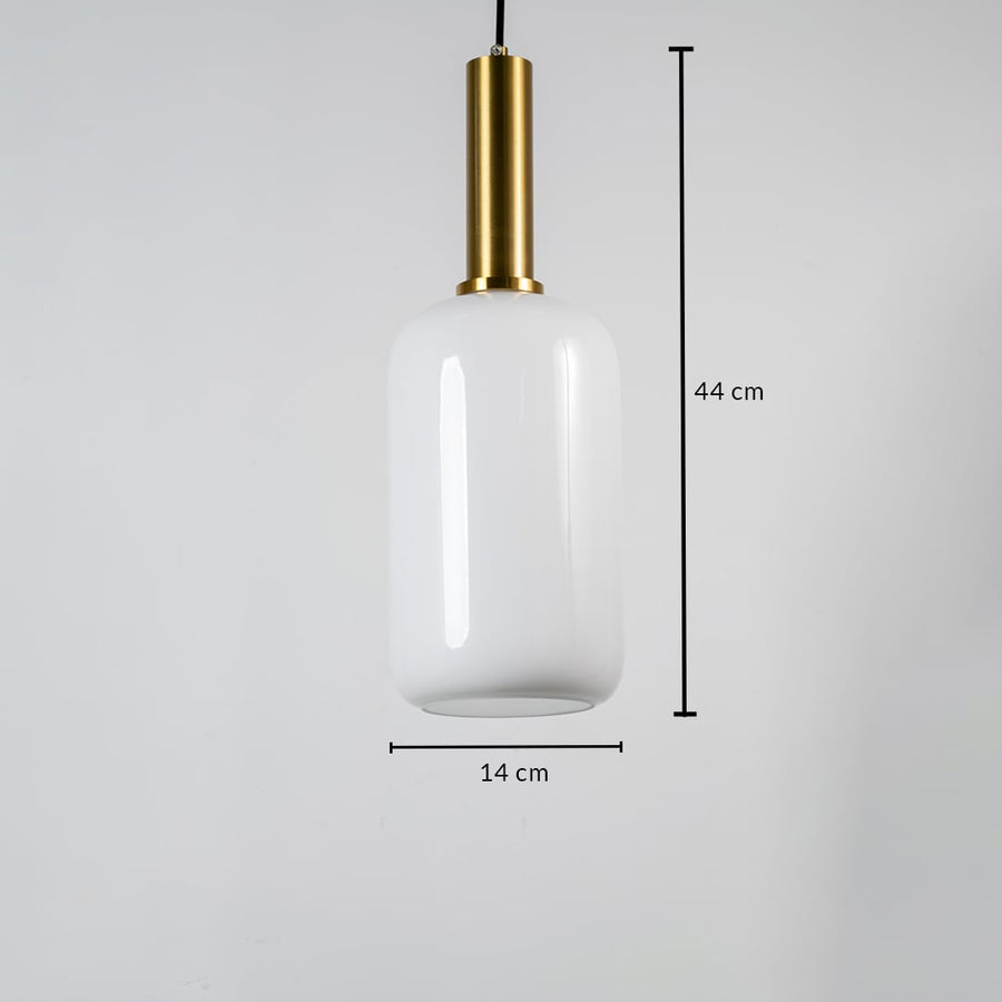 White glass pendant light measuring 14 cm width and 44 cm height crafted for sophisticated ceiling lighting decor.
