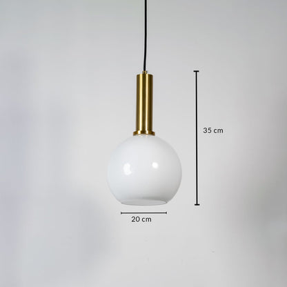White glass globe pendant light measuring 20 cm width and 33 cm height crafted for elegant ceiling lighting decor.