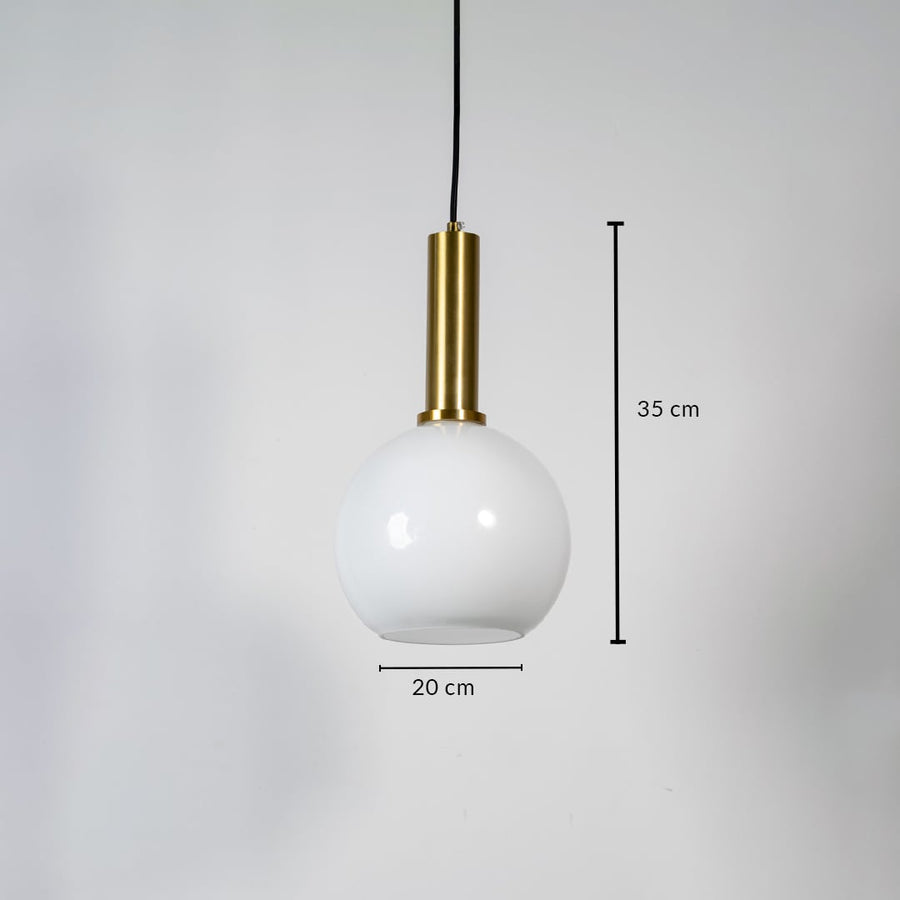 White glass globe pendant light measuring 20 cm width and 33 cm height crafted for elegant ceiling lighting decor.
