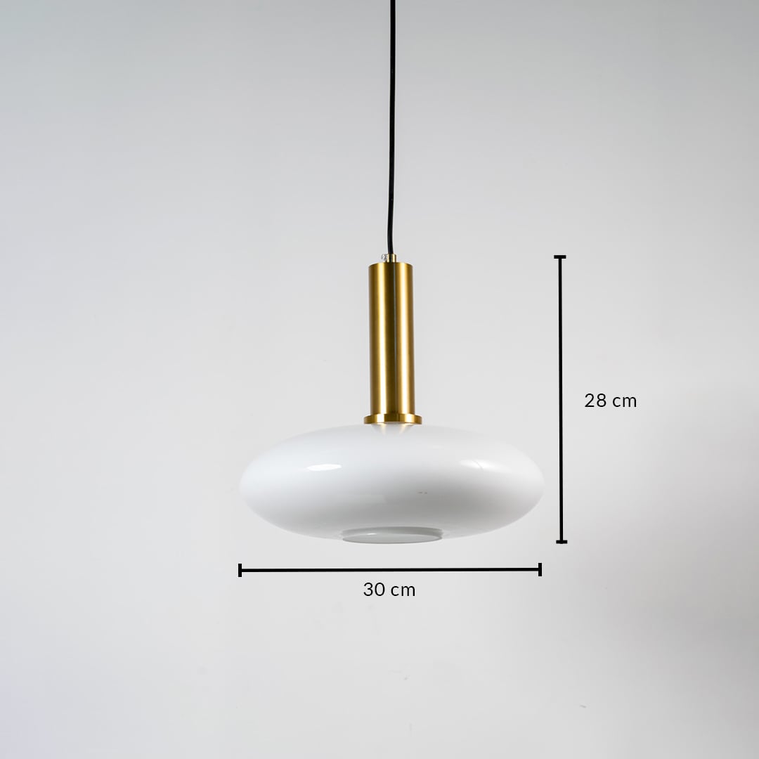 White glass pendant light measuring 30 cm width and 28 cm height crafted for sophisticated ceiling lighting decor.