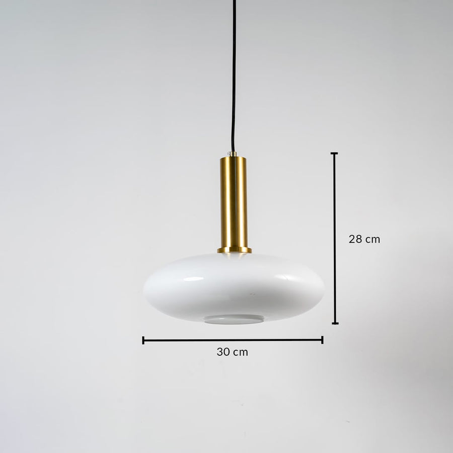 White glass pendant light measuring 30 cm width and 28 cm height crafted for sophisticated ceiling lighting decor.