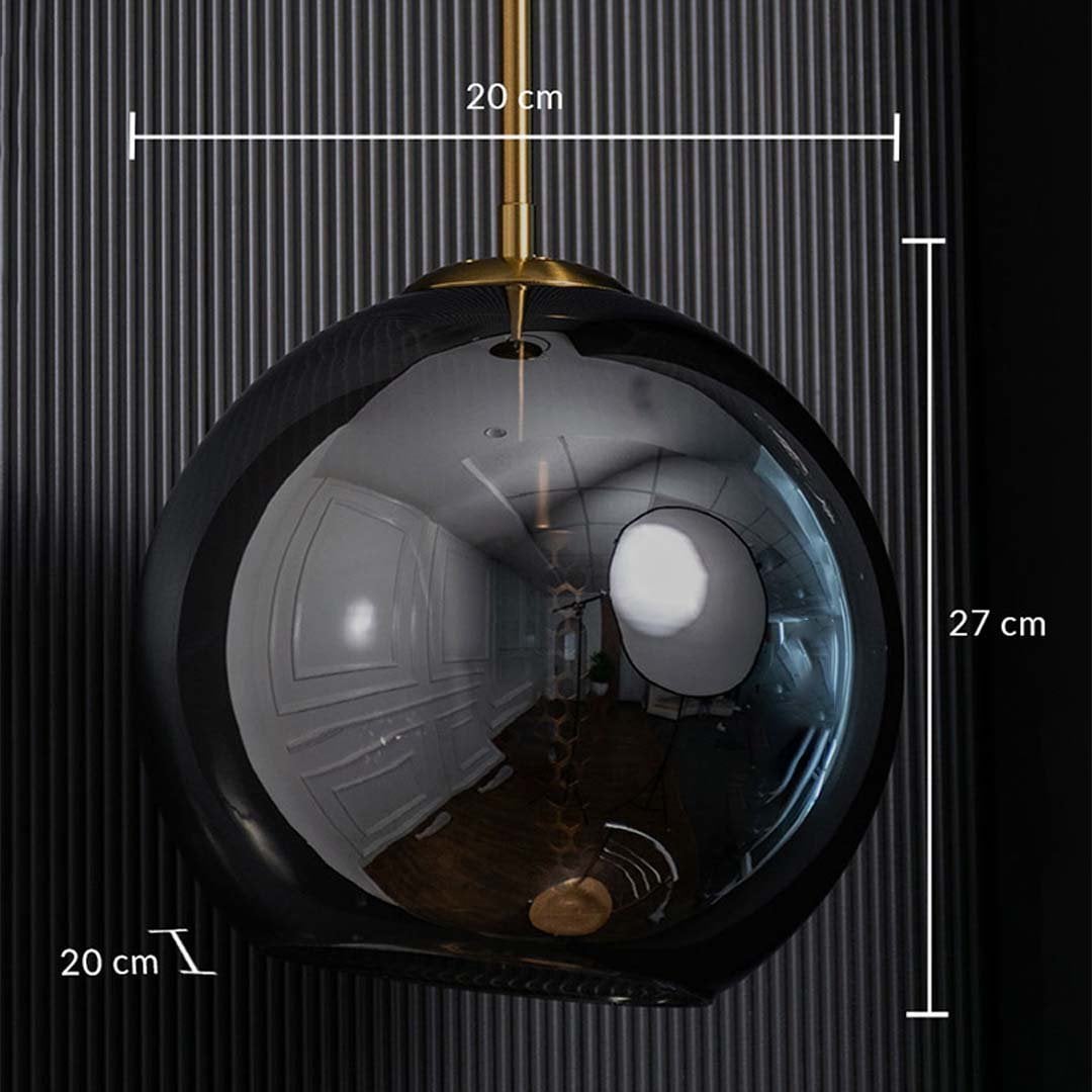 Smoky globe pendant light measuring 20 cm in width and 27 cm in height with a 20 cm depth displayed on a dark background with measurement lines.