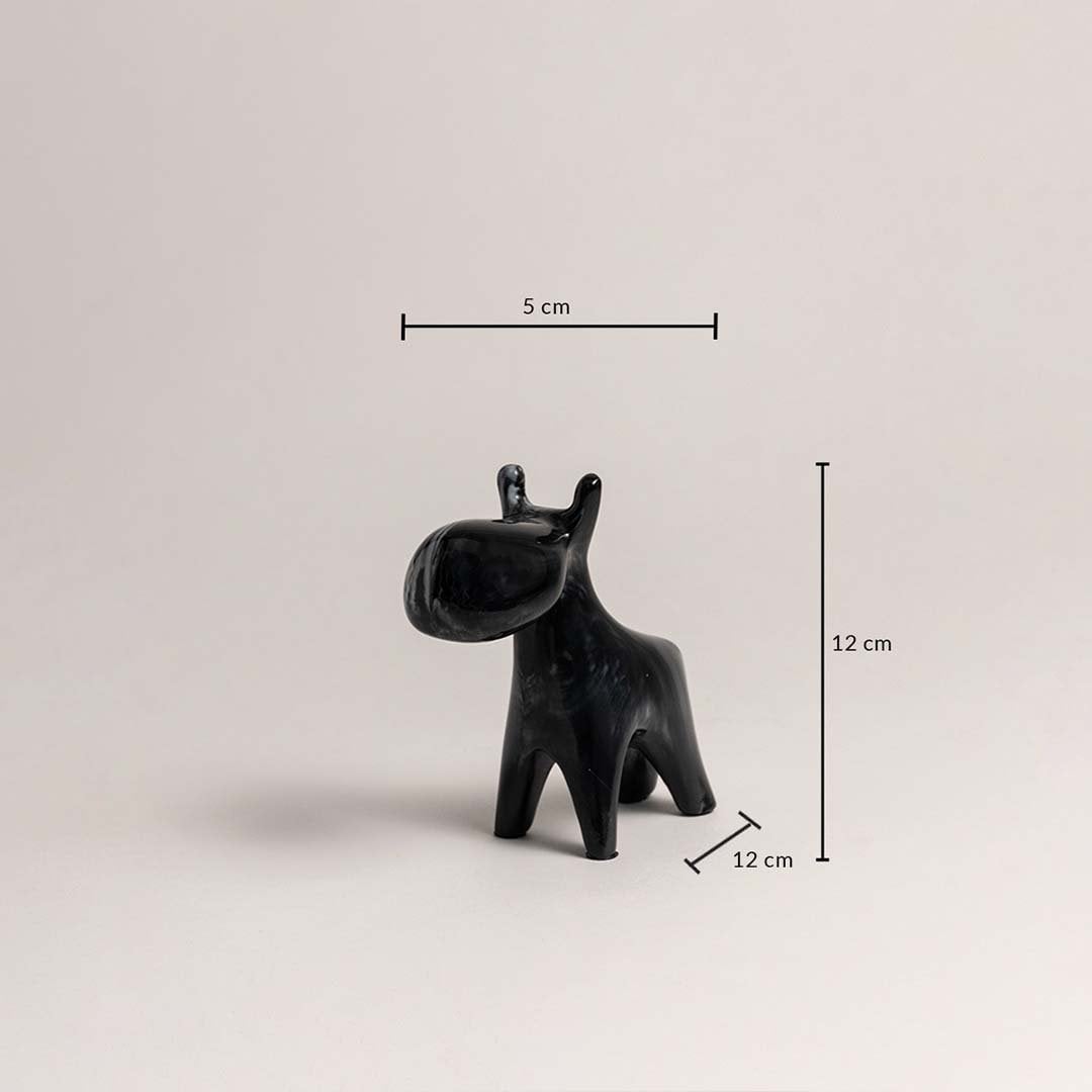 Small black marble swirl moose figurine shown in 12 cm height 12 cm depth and 5 cm width for accurate sizing.