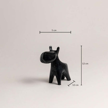 Small black marble swirl moose figurine shown in 12 cm height 12 cm depth and 5 cm width for accurate sizing.