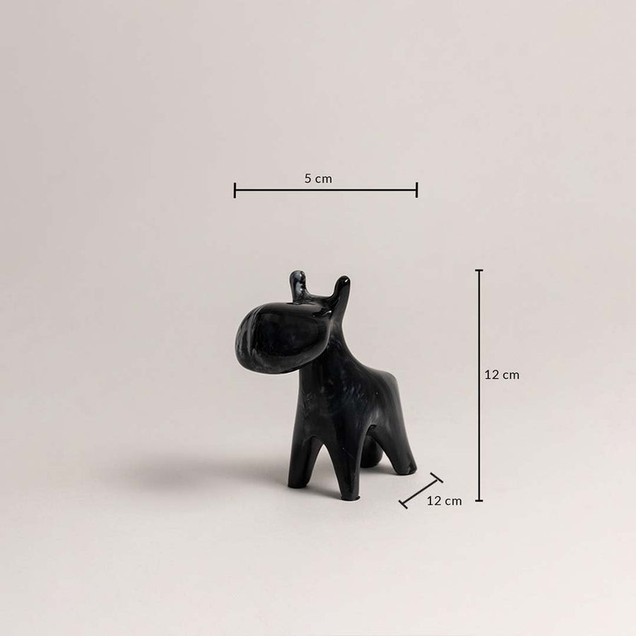 Small black marble swirl moose figurine shown in 12 cm height 12 cm depth and 5 cm width for accurate sizing.