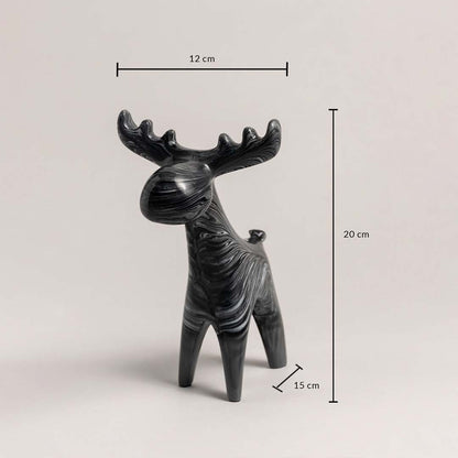 Black marble swirl moose figurine shown in 20 cm height 12 cm width and 15 cm depth for accurate styling reference.