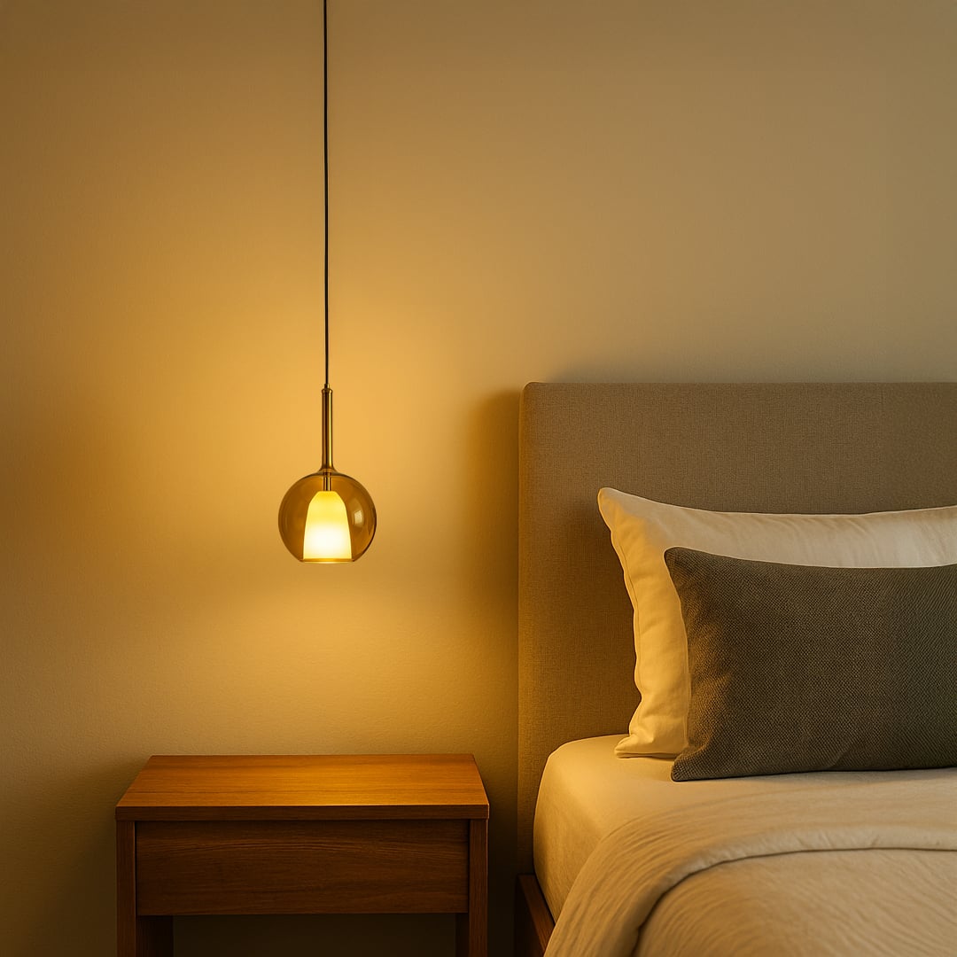 Amber pendant light glowing warmly beside a modern bed creating a cozy and soothing bedroom ambiance.