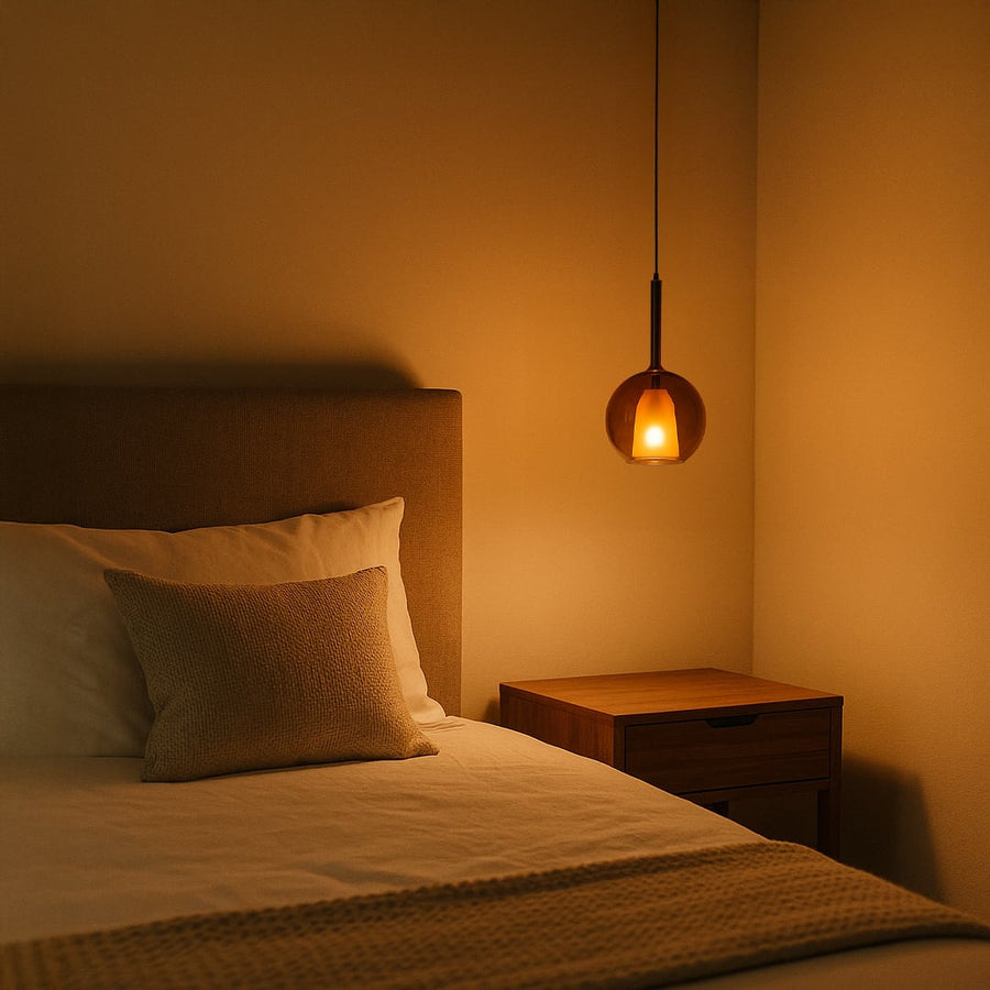 Amber pendant light glowing warmly beside a cozy bed creating a soft relaxing bedroom ambiance.
