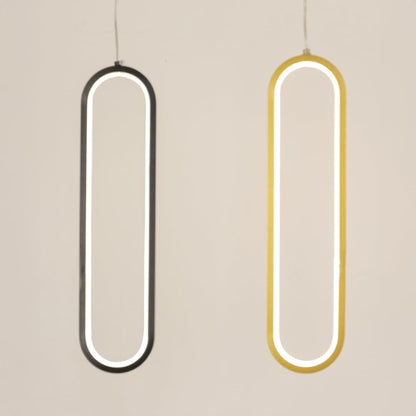 Set of modern metal elongated loop hanging lights in black and white shown together for creative wall decor styling.