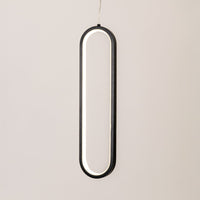 Black metal oval LED pendant light with sleek minimalist design for modern interior lighting decor.