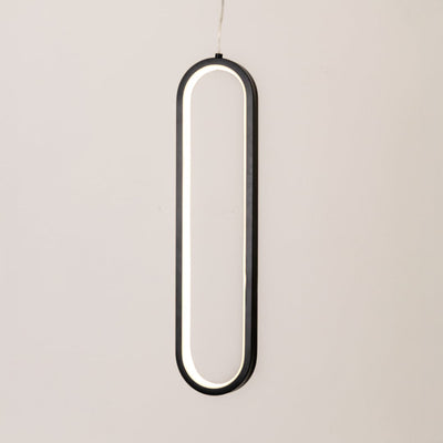 Black metal oval LED pendant light with sleek minimalist design for modern interior lighting decor.