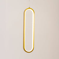 Gold metal oval LED pendant light with warm glow for stylish bedroom and living room decor.