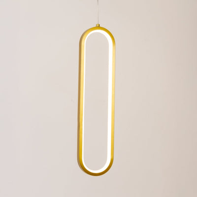 Gold metal oval LED pendant light with warm glow for stylish bedroom and living room decor.