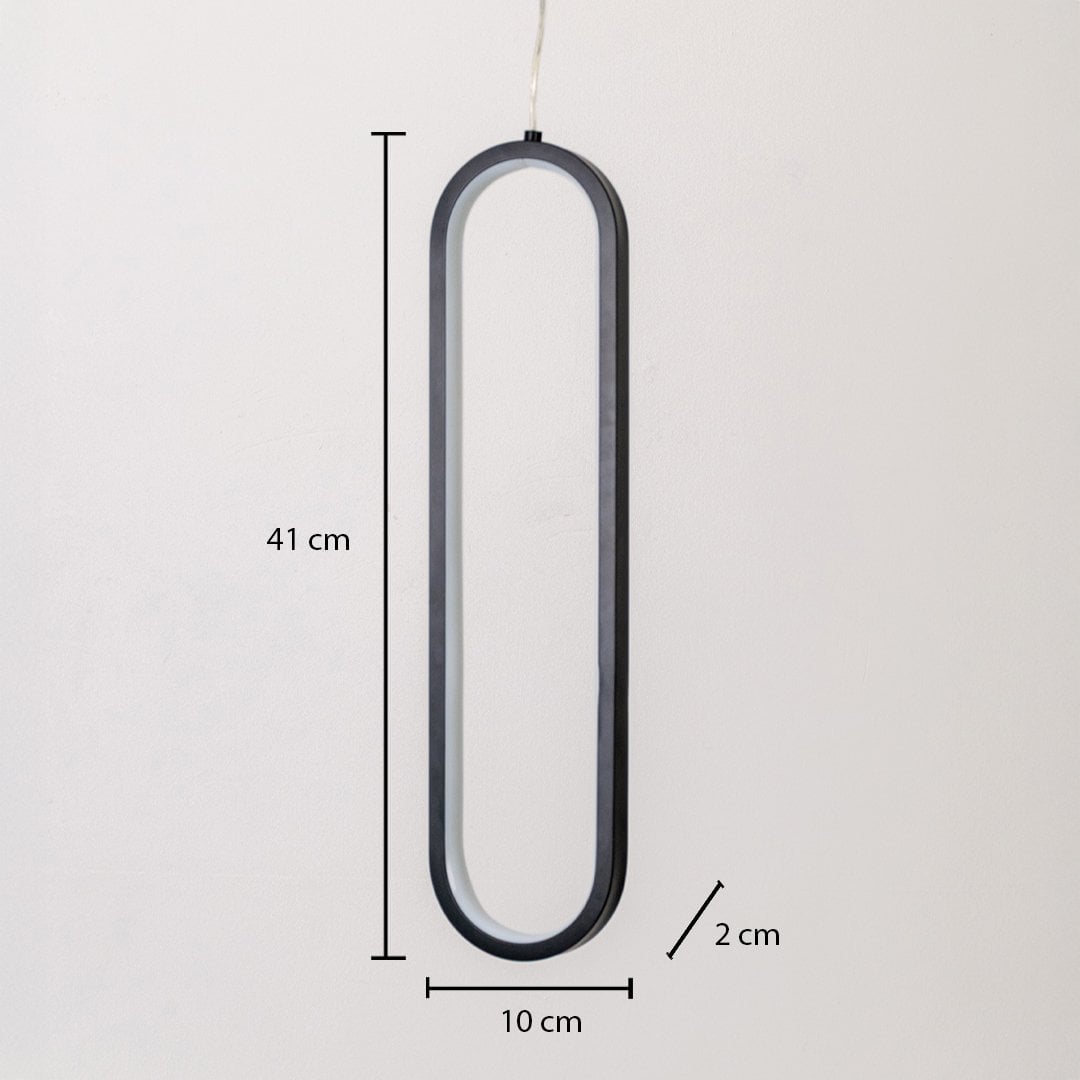 Black metal elongated loop hanging light shown with 41 cm height 10 cm width and 2 cm depth for accurate wall placement.