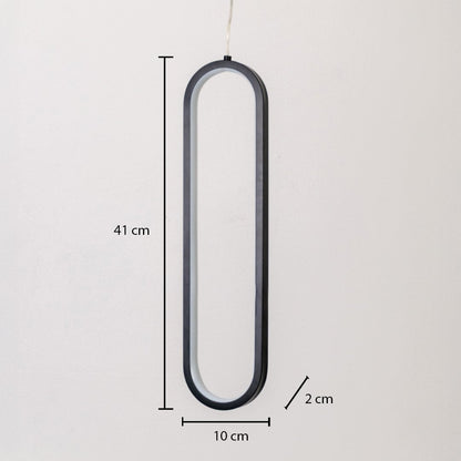 Black metal elongated loop hanging light shown with 41 cm height 10 cm width and 2 cm depth for accurate wall placement.