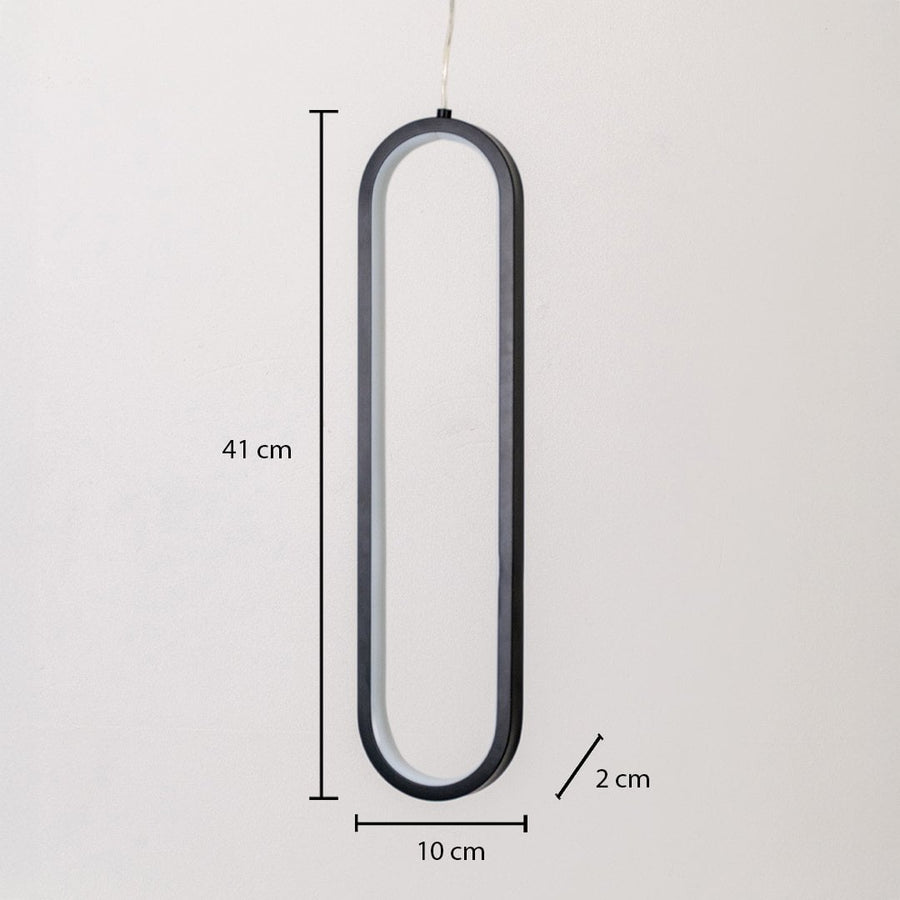 Black metal elongated loop hanging light shown with 41 cm height 10 cm width and 2 cm depth for accurate wall placement.