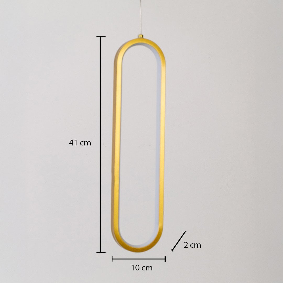 Gold metal elongated loop hanging light shown with 41 cm height 10 cm width and 2 cm depth for accurate wall placement.