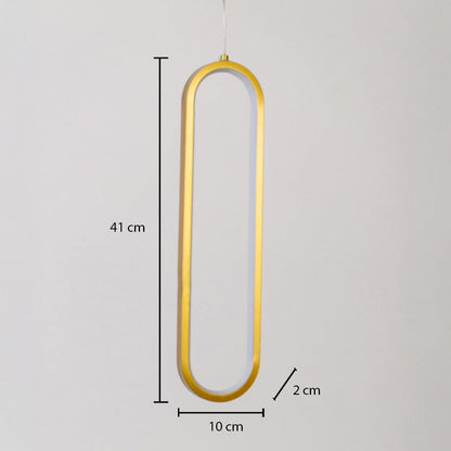 Gold metal elongated loop hanging light shown with 41 cm height 10 cm width and 2 cm depth for accurate wall placement.