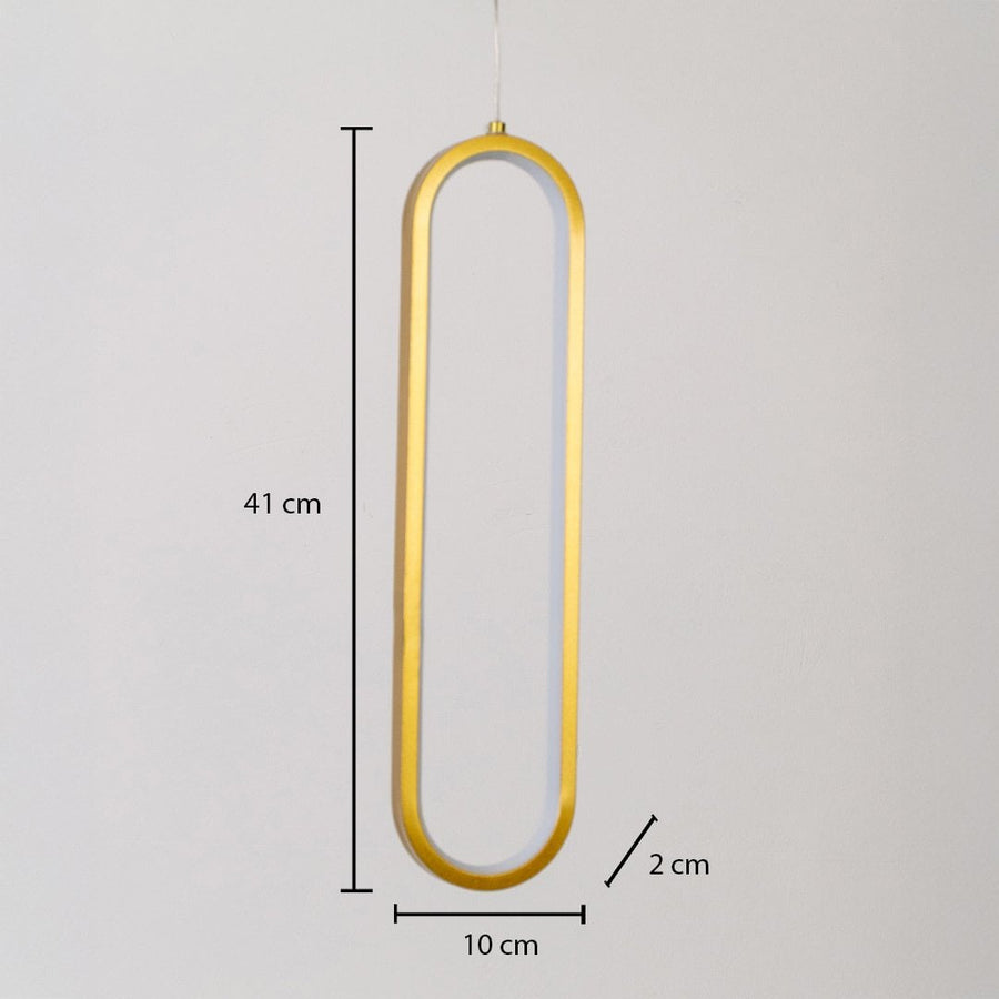 Gold metal elongated loop hanging light shown with 41 cm height 10 cm width and 2 cm depth for accurate wall placement.