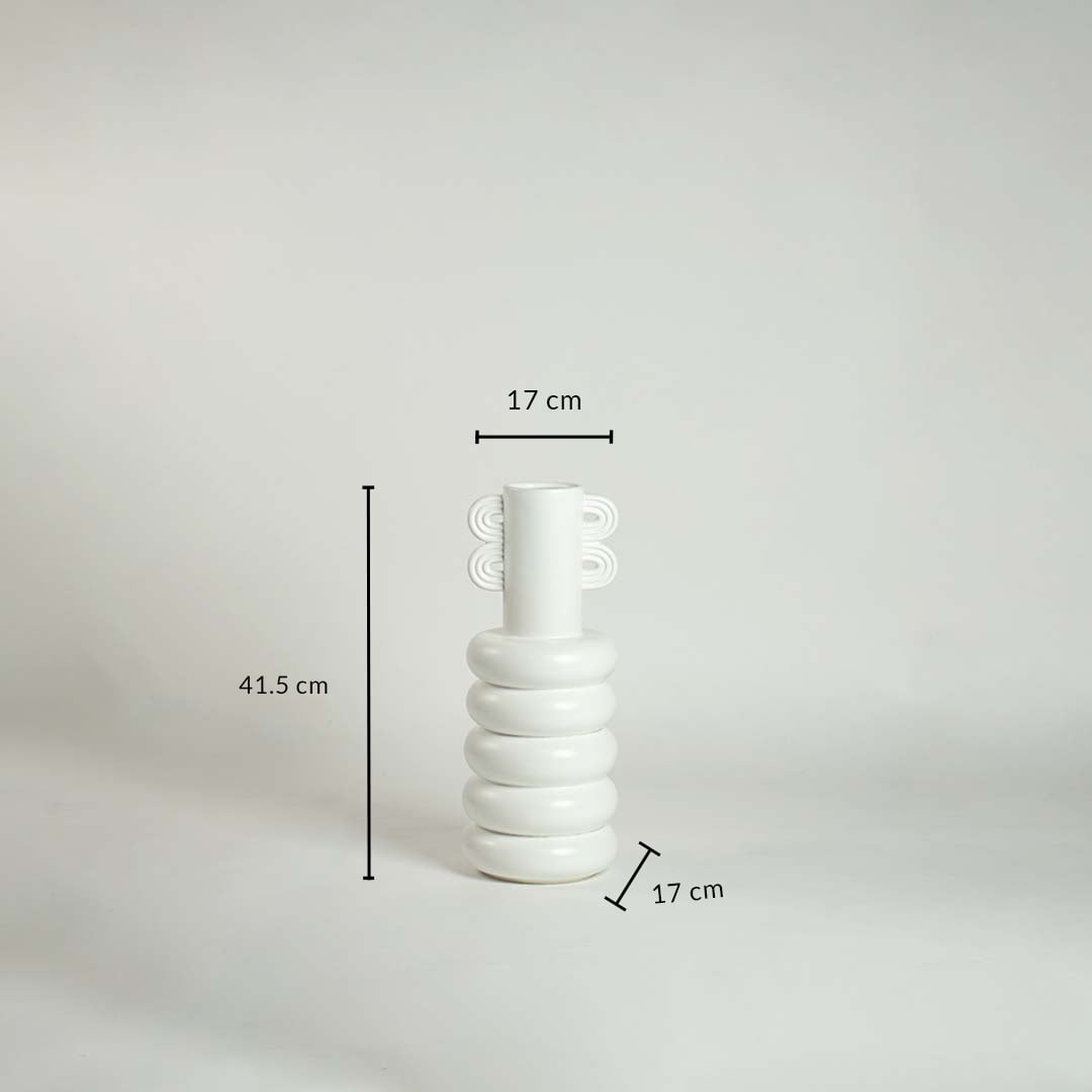 White ceramic vase with loop handle shown with 41.5 cm height and 17 cm width for modern artistic home decor.