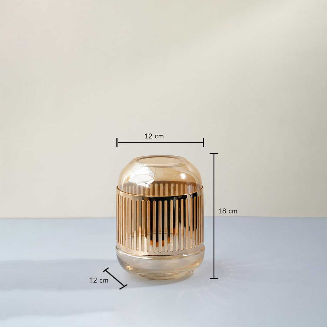 Amber glass vase with gold striped detailing dimensions height 18 cm width 12 cm base 12 cm decorative glass vase.