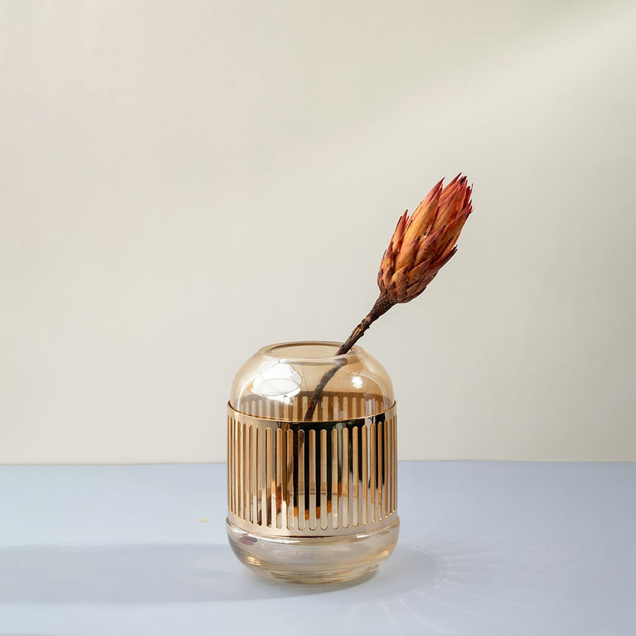 Amber glass vase with gold striped design holding dried flower styled on table for modern home interior decor glass vase.
