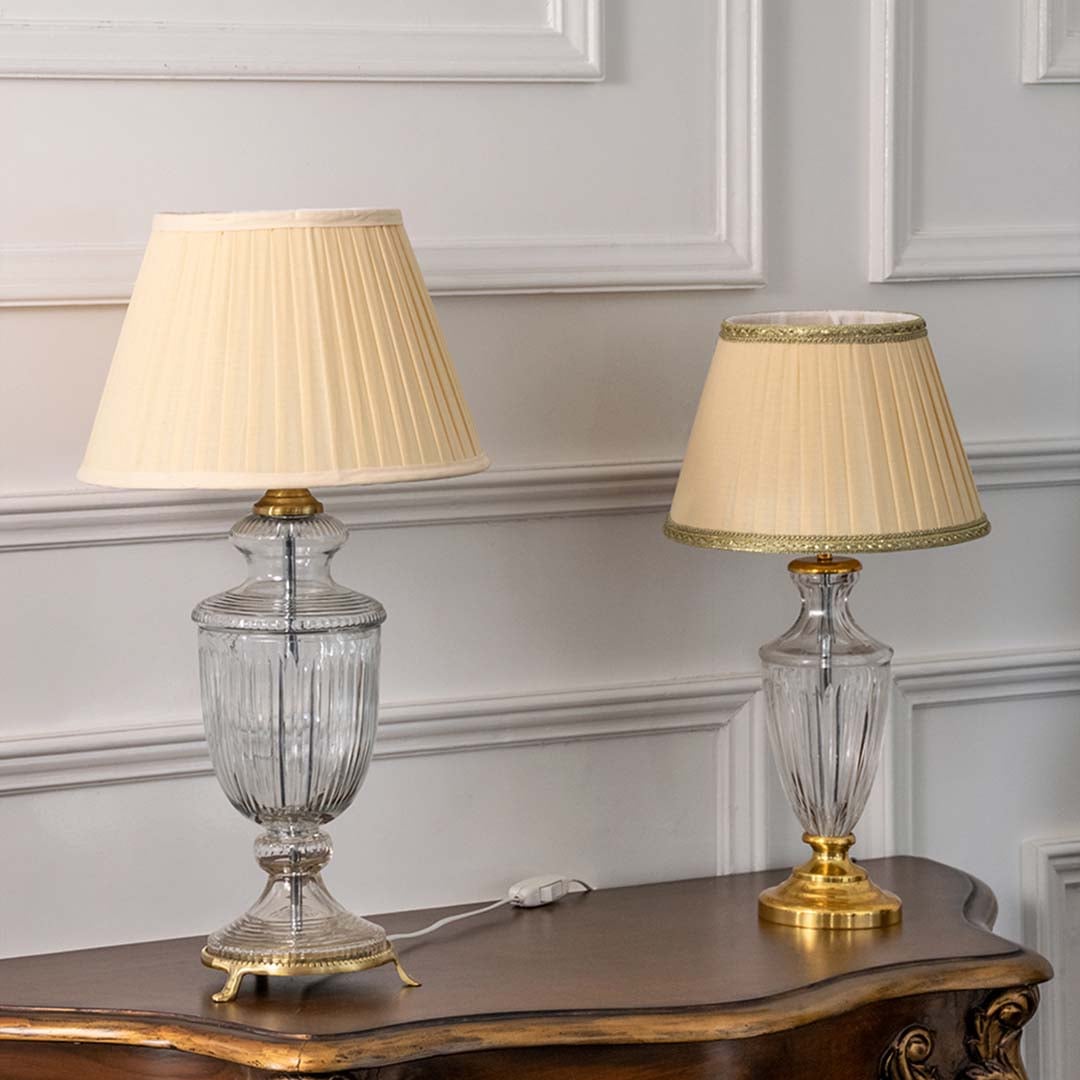 Crystal glass table lamps with pleated fabric shades and gold accents styled for timeless luxury home interiors.