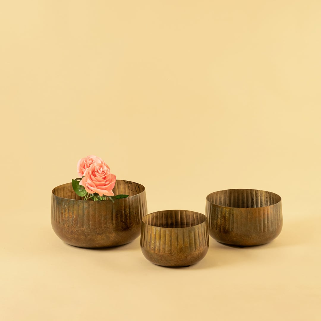 Bronze ribbed bowl planter shown with matching decor pieces offering a cohesive warm rustic look for home styling.