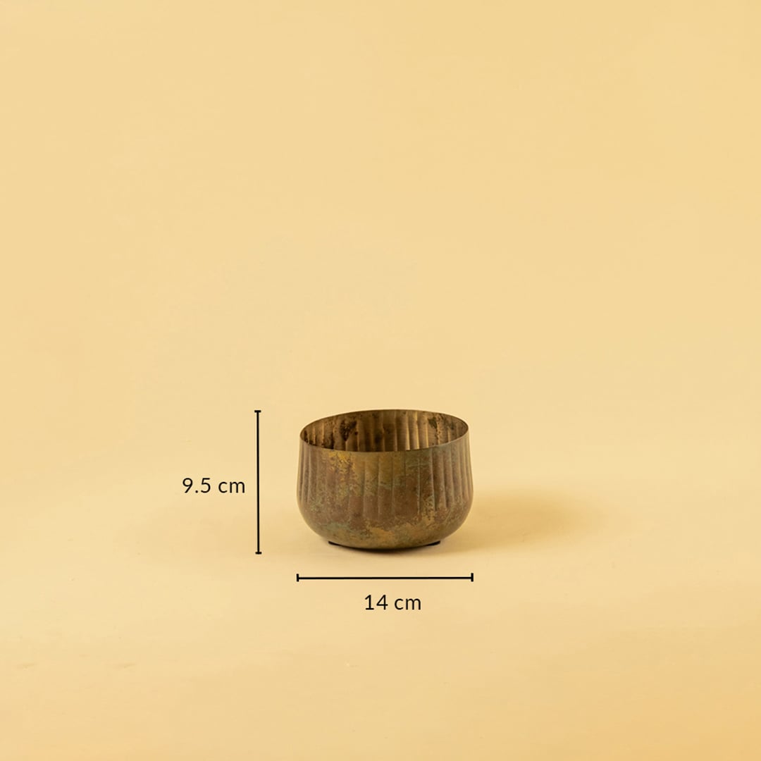 Bronze ribbed bowl planter with 9.5 cm height and 14 cm width ideal for compact shelves tables and warm rustic decor.