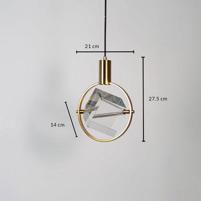 Crystal pendant light with golden frame shown with dimensions 27.5cm height 21cm width and 14cm cube length.