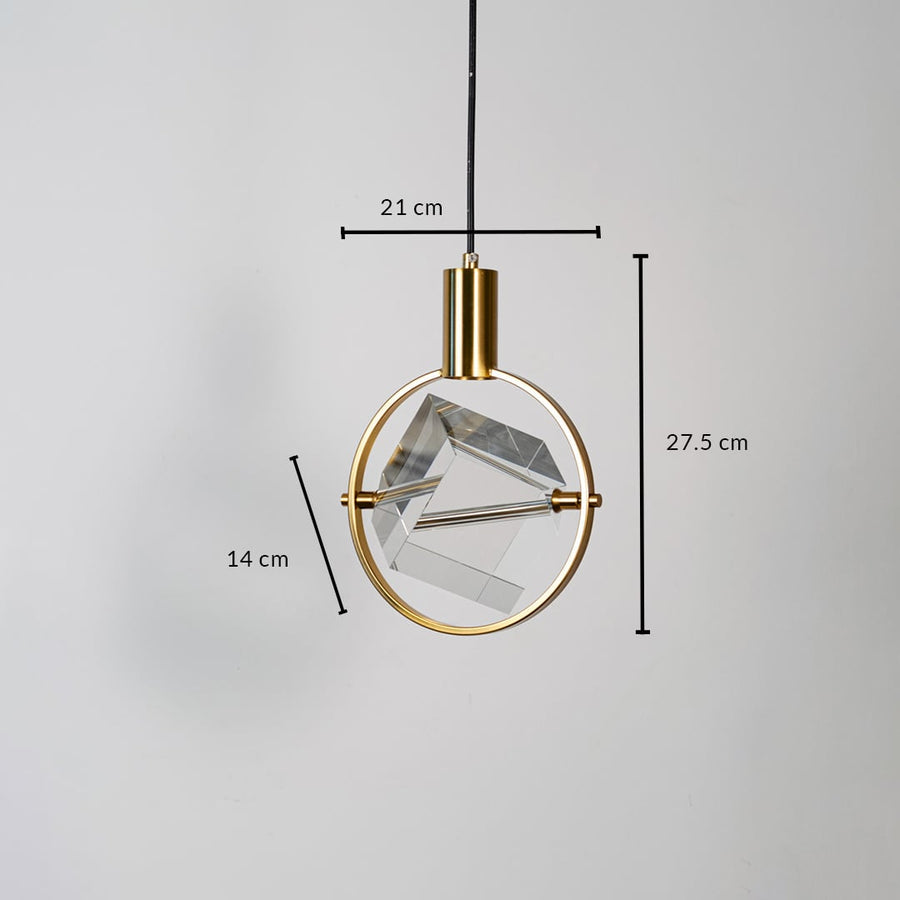 Crystal pendant light with golden frame shown with dimensions 27.5cm height 21cm width and 14cm cube length.