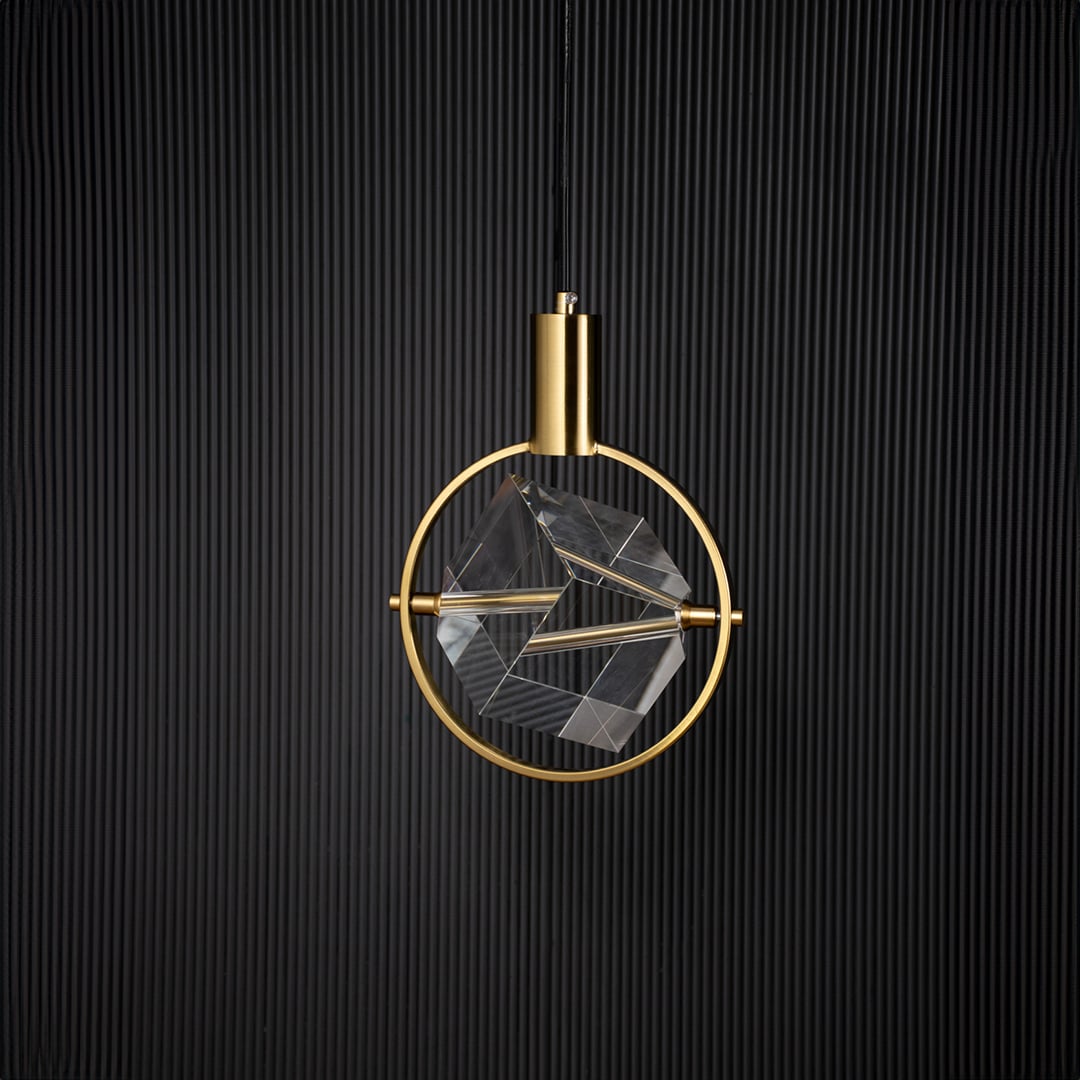 Crystal pendant light with cube design and golden frame bulb off on black background for stylish home decor.