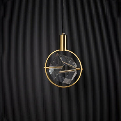Crystal pendant light with cube design and golden frame bulb off on black background for stylish home decor.