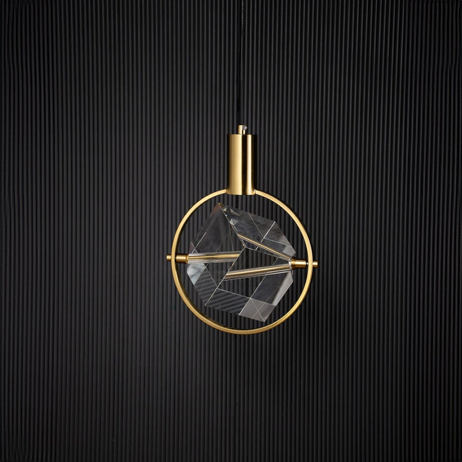 Crystal pendant light with cube design and golden frame bulb off on black background for stylish home decor.