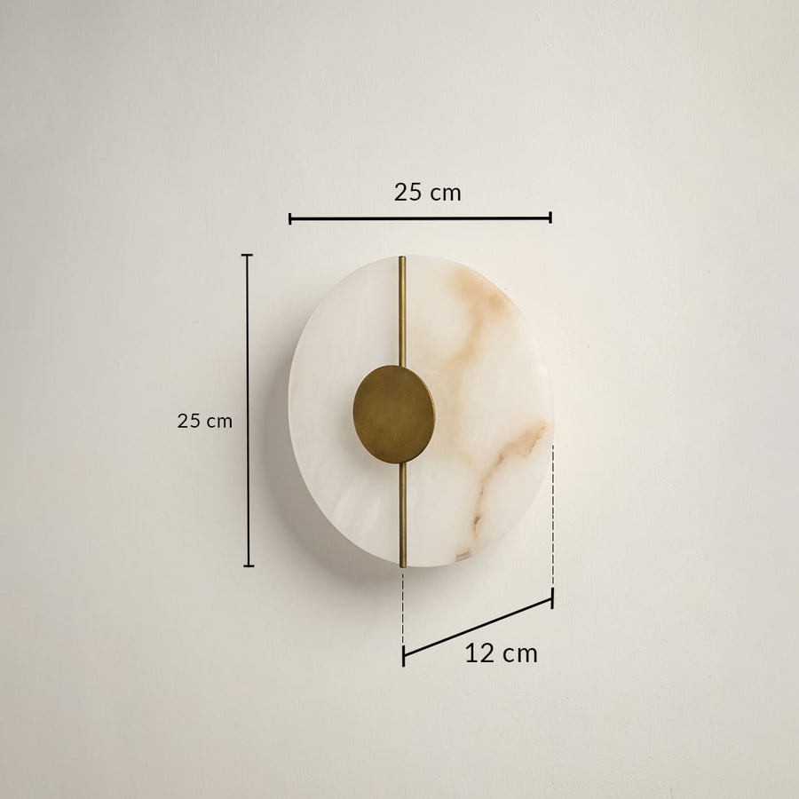 Marble gold wall light with 25 cm height 25 cm width and 12 cm depth for modern decor spaces.