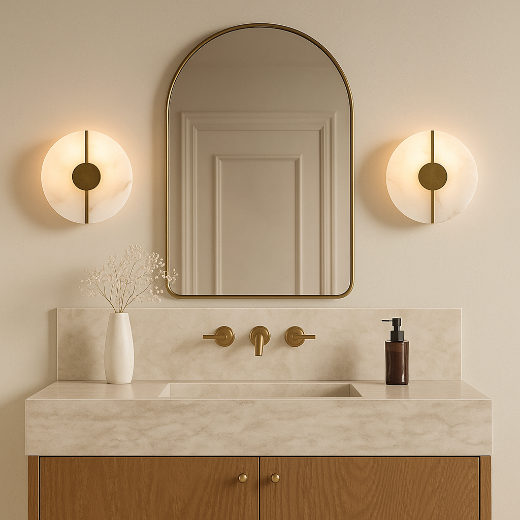 Round wall lights with gold accents illuminate a modern bathroom featuring a marble vanity arched mirror and warm minimal aesthetic.