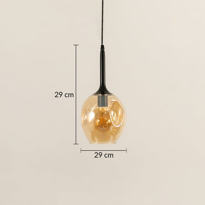 Amber glass pendant light with size 29cm x 29cm shown on white background with measurements.