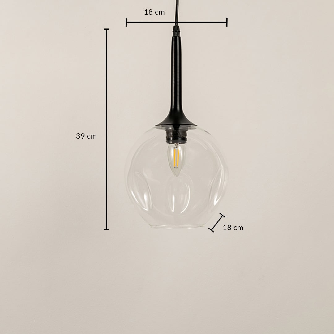 Clear glass pendant lamp with black fixture displayed with size dimensions 39 cm height and 18 cm width.