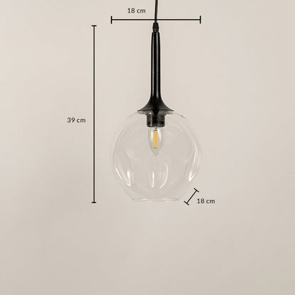 Clear glass pendant lamp with black fixture displayed with size dimensions 39 cm height and 18 cm width.