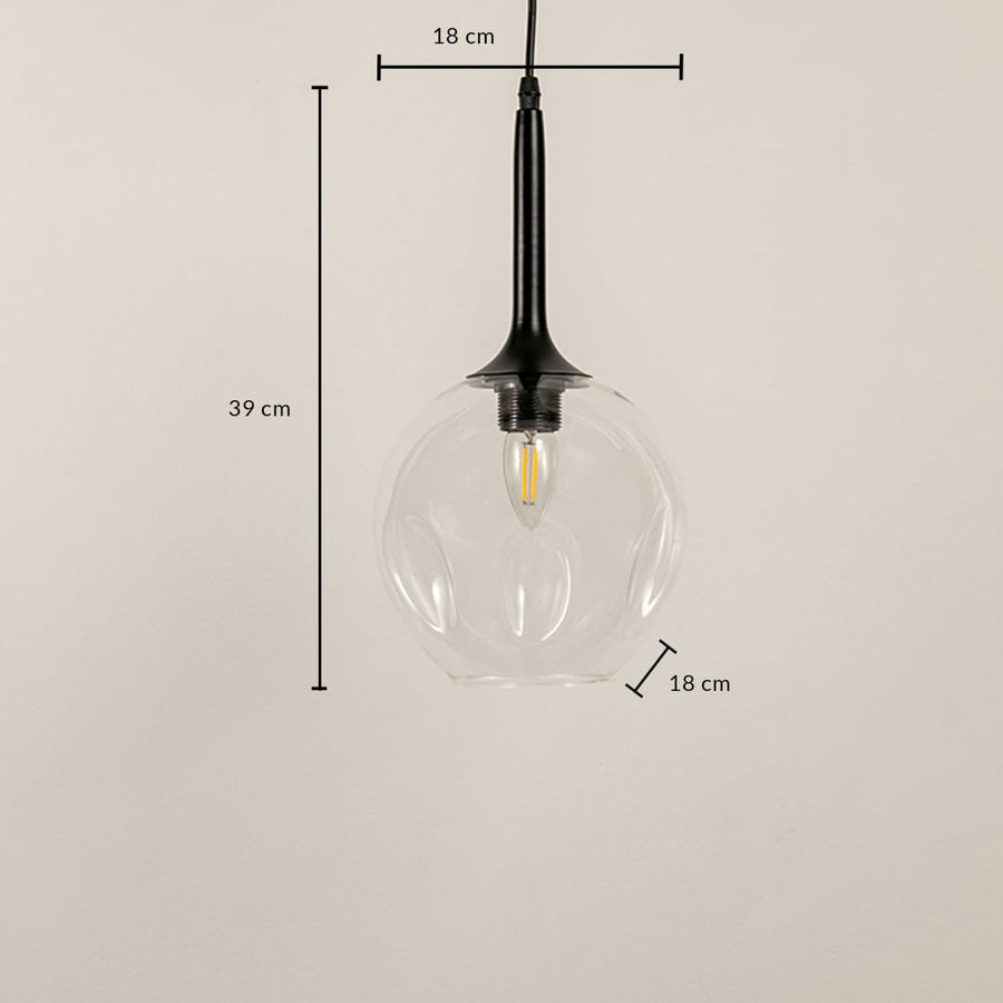 Clear glass pendant lamp with black fixture displayed with size dimensions 39 cm height and 18 cm width.
