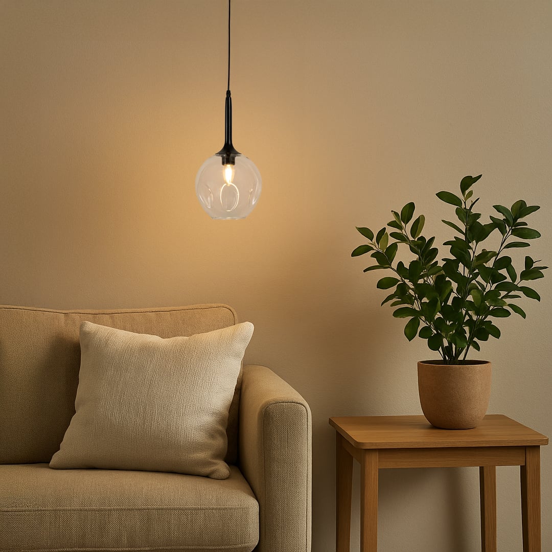 Stylish glass pendant light adding soft illumination to a balcony corner with chair and plant decor.