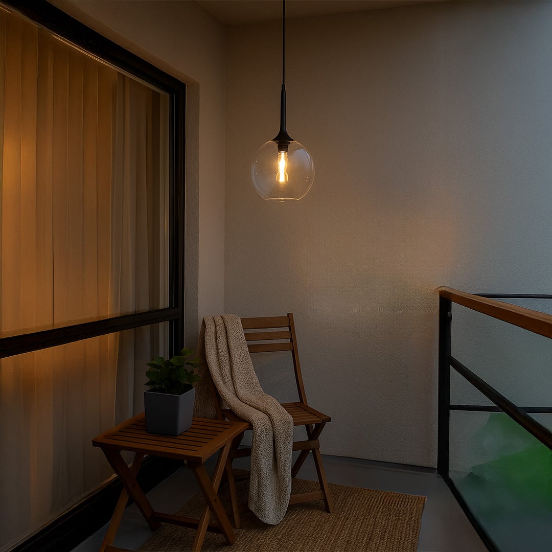 Elegant clear glass pendant light glowing warmly above a cozy balcony with wooden chair and table.