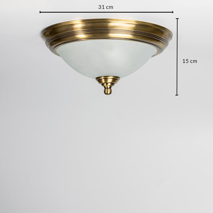 Antique brass flush mount ceiling light with 31 cm diameter and 13 cm height for classic home decor spaces.