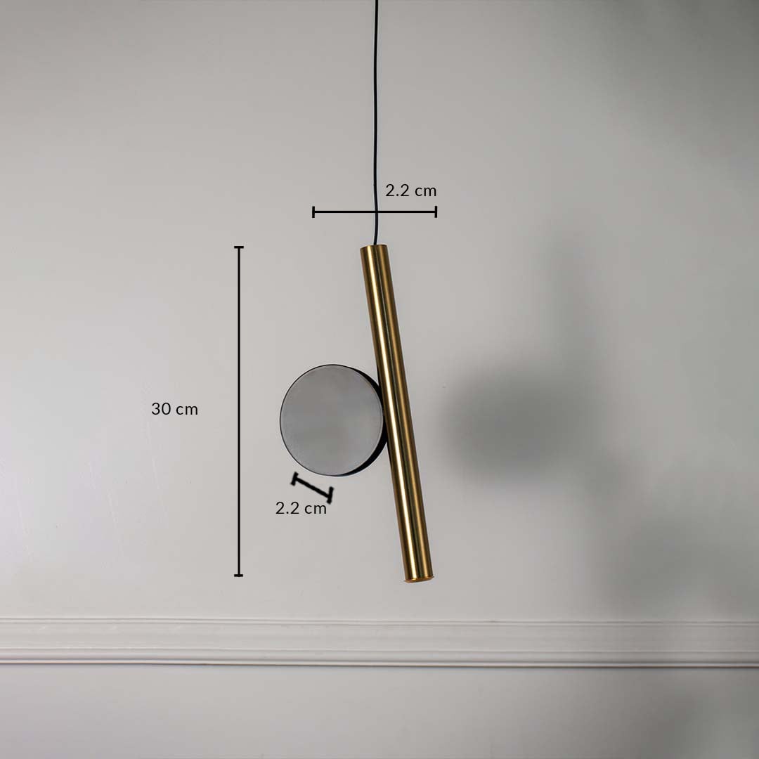 Gold tubular pendant light with circular glass accent measured 30x2.2 cm elegant ceiling lamp for modern home interior lighting.