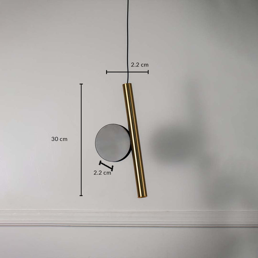 Gold tubular pendant light with circular glass accent measured 30x2.2 cm elegant ceiling lamp for modern home interior lighting.