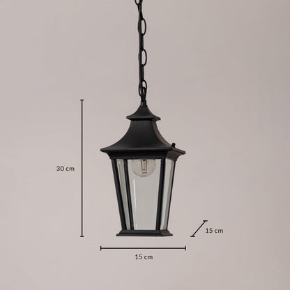 Black metal hanging lantern with clear glass panels shown with 30 cm height and 15 cm width measurements for size clarity.