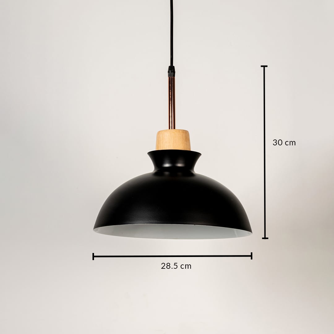Black metal pendant light measuring 19.5 cm width and 30 cm height crafted for stylish ceiling lighting decor.