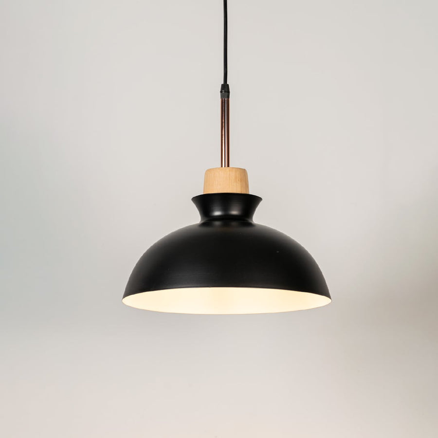Black metal pendant light with natural wood accents and minimalist dome design for contemporary ceiling lighting decor.